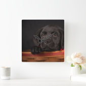 バスケットの黒いラブラドル・レトリーバー犬の子犬 スクエア壁時計 (ホーム)