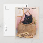 バスケットの黒猫とガーデニンググローブ ポストカード (正面/裏面)