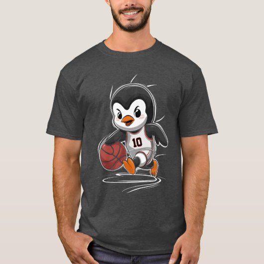 バスケットをするペンギン 背番号10 おもしろ Tシャツ (正面)