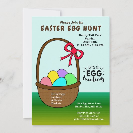 バスケットカラフルイースターエッグ狩りの卵 招待状 (正面)
