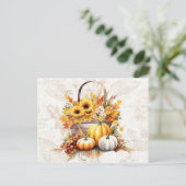 バスケットサンフラワーズ葉ズパンプキンス秋ハロウィン シーズンポストカード (スタンド正面)