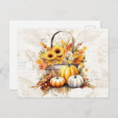 バスケットサンフラワーズ葉ズパンプキンス秋ハロウィン シーズンポストカード (正面/裏面)