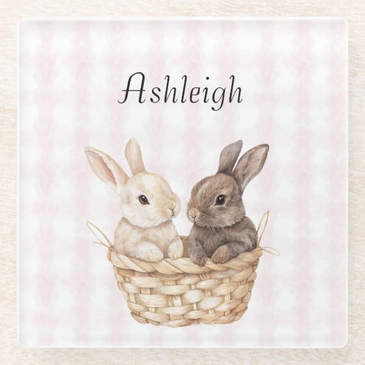 バスケットストライプイースターにシックなピンクの格子模様のブニー ガラスコースター (正面)