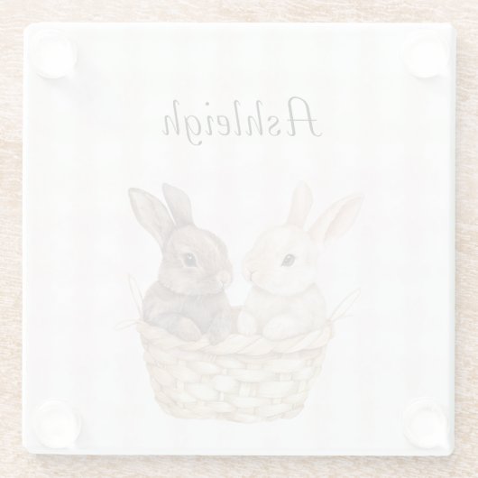 バスケットストライプイースターにシックなピンクの格子模様のブニー ガラスコースター (裏面)