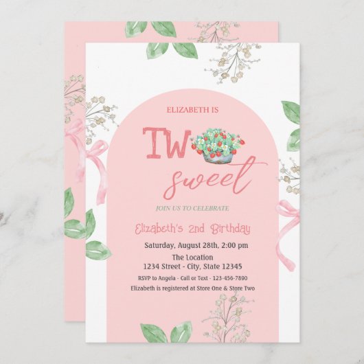 バスケットストロベリーが2つの甘い2番目の誕生日を弓 招待状 (正面/裏面)