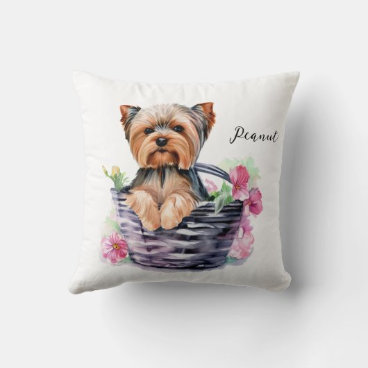 バスケットパーソナライズされたウォーターカラーアートのヨークシャーテリア クッション (裏面)