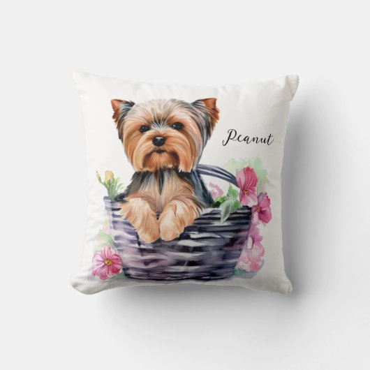 バスケットパーソナライズされたウォーターカラーアートのヨークシャーテリア クッション (正面)