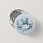 バスケットボタンの青いテディベア 缶バッジ (正面&裏面)