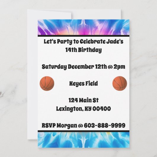 バスケットボーカスタムルガールTie-Dyeレインボー誕生日 招待状 (裏面)