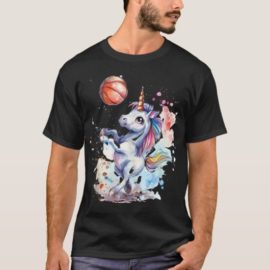 バスケットボールかわいいユニコーンのアートワークバスケットボールの恋人D Tシャツ (正面)