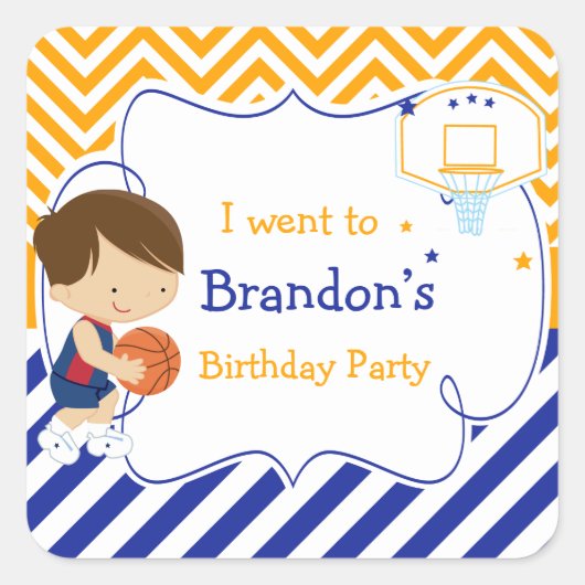 バスケットボールかわいい茶色の髪の男の子'私は行った' スクエアシール (正面)