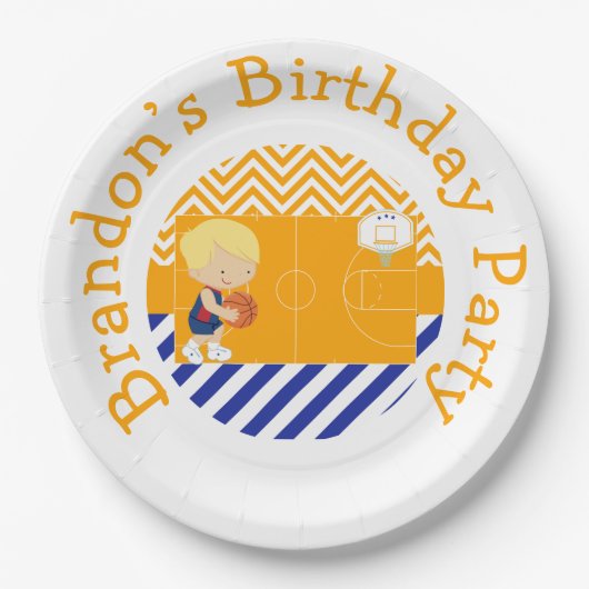 バスケットボールかわいい金髪の少年 ペーパープレート (正面)