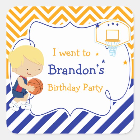 バスケットボールかわいい金髪の男の子'私は行った' スクエアシール (正面)