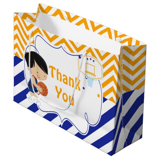 バスケットボールかわいい黒髪の少年ありがとう ラージペーパーバッグ (正面アングル)