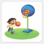 バスケットボールで遊ぶ子供 フリースタイル スポーツ スクエアシール (正面)