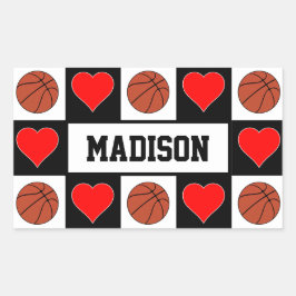 バスケットボールとハートカスタムプレイヤー名おもしろいスポーツ 長方形シール