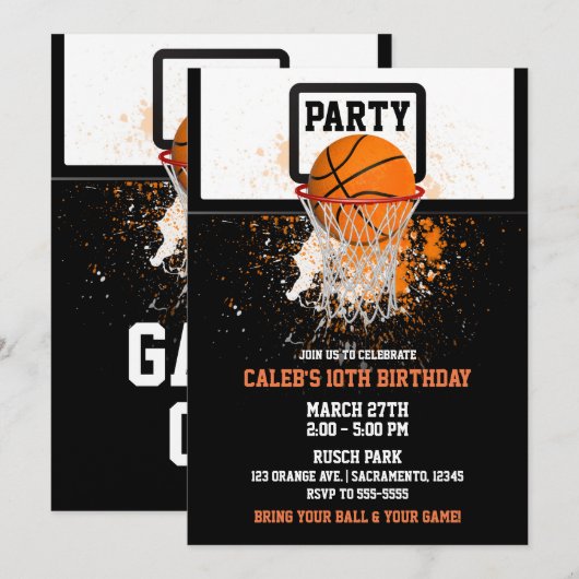 バスケットボールとフープスポーツの誕生日パーティー 招待状 (正面/裏面)
