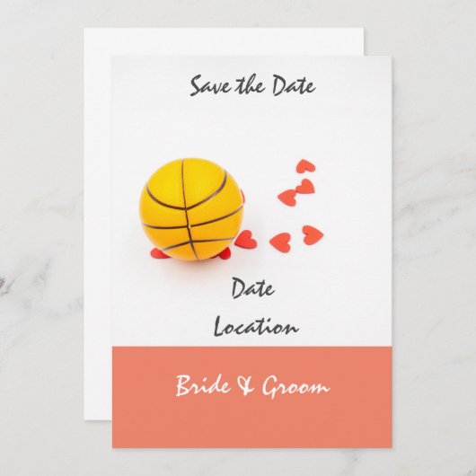 バスケットボールと愛の赤いハートのウェディング 招待状 (正面/裏面)