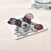 バスケットボールと骨の斑点のある犬 スクエアペーパーコースター (アングル)