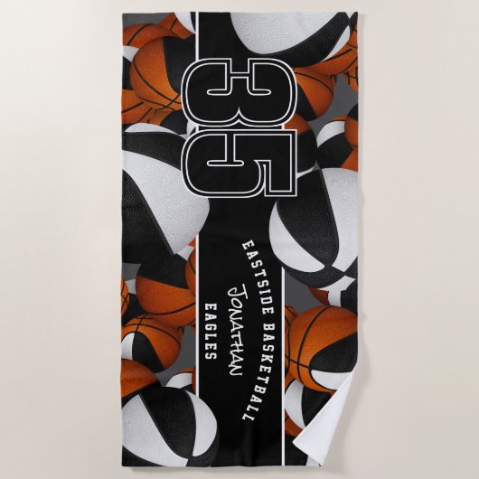 バスケットボールのカスタム多くのチーム名白黒 ビーチタオル (正面)