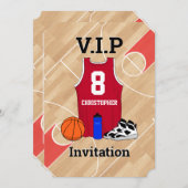 バスケットボールのジャージーがコートの誕生日パーティーで赤 招待状 (正面/裏面)