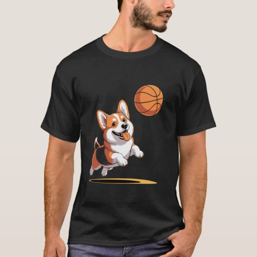 バスケットボールのダンクで遊ぶコーギーの面白いデザイン Tシャツ (正面)
