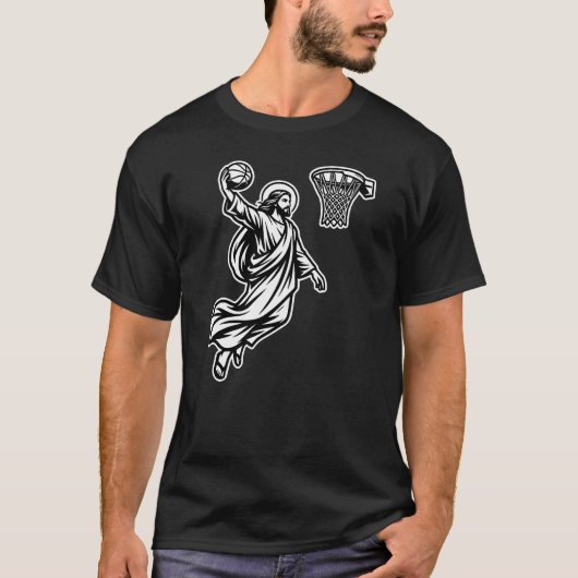 バスケットボールのダンクをするイエス - スポーツ風刺 Tシャツ (正面)