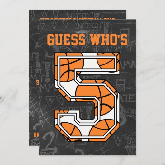 バスケットボールのチャルクボード第5回誕生日パーティー 招待状 (正面/裏面)