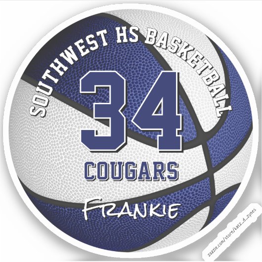 バスケットボールのチームカラーの子供たちは青い白の名前 シール (正面)