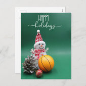 バスケットボールのハッピーホリデーと雪だるま選手 シーズンポストカード (正面/裏面)