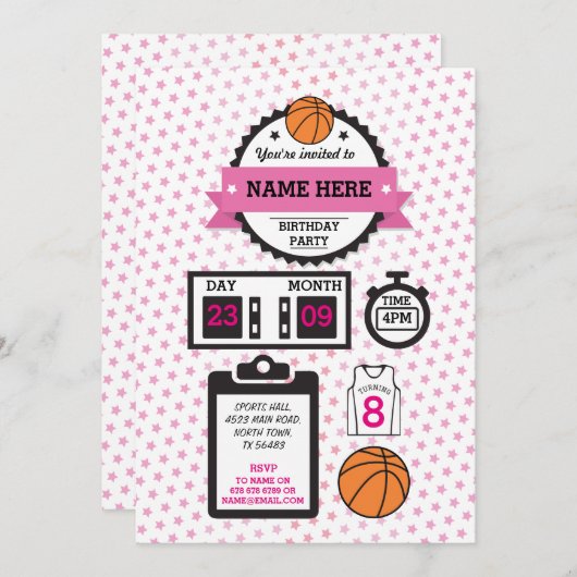 バスケットボールのバスケットの球のスポーツの誕生会の招待 招待状 (正面/裏面)