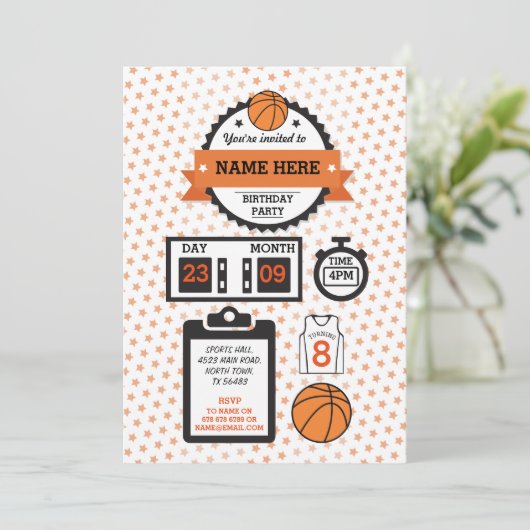 バスケットボールのバスケットの球のスポーツの誕生会の招待 招待状 (スタンド正面)
