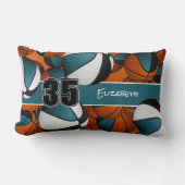 バスケットボールの多くのティール(緑がかった色)ブラックスポーツの装飾 ランバークッション (正面)