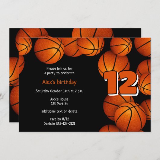 バスケットボールの女の子の男の子の誕生日パーティー 招待状 (正面/裏面)