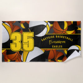 バスケットボールの女の子や男の子チームの多くの黒い金ゴールド ビーチタオル