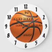 バスケットボールの白と黒の時計(プレイヤー名あり) ラージ壁時計 (正面)