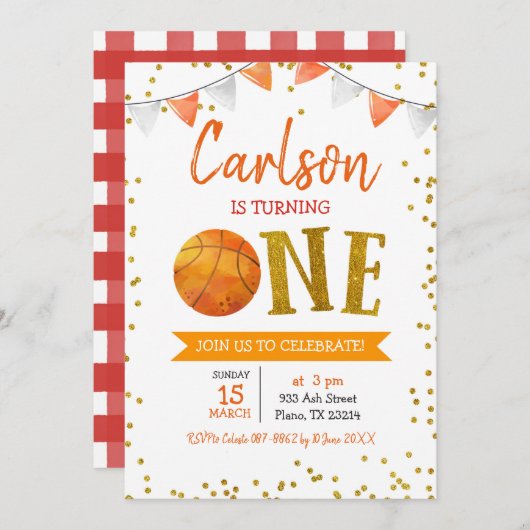 バスケットボールの試合時間誕生日招待状 招待状 (正面/裏面)