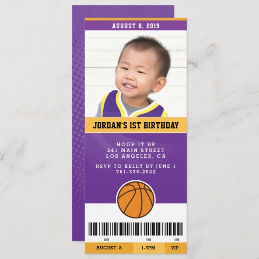 バスケットボールの誕生会の招待(紫色及び金ゴールド) 招待状 (正面/裏面)