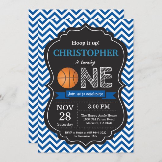 バスケットボールの誕生日の招待状の第1誕生会 招待状 (正面/裏面)
