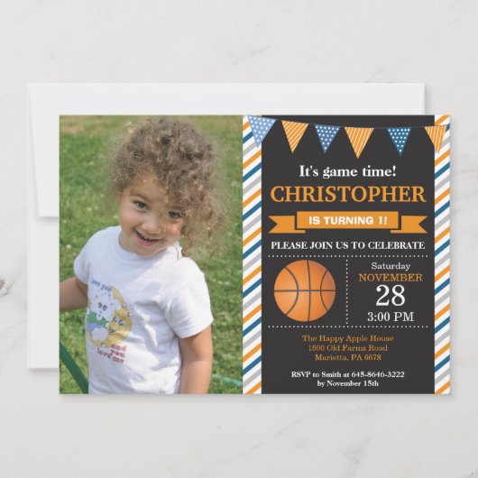 バスケットボールの誕生日の招待状の第1誕生会 招待状 (正面)