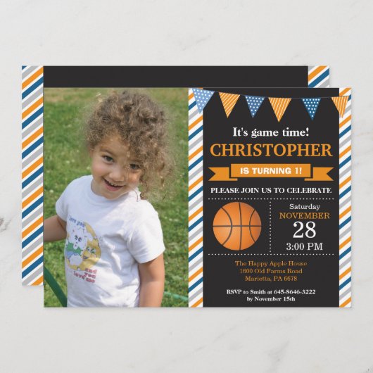 バスケットボールの誕生日の招待状の第1誕生会 招待状 (正面/裏面)
