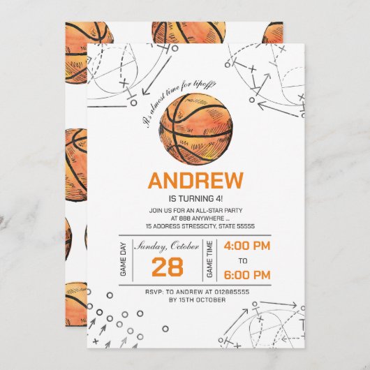 バスケットボールの誕生日の招待状 招待状 (正面/裏面)
