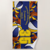 バスケットボールの青い金ゴールドチームカラーの多く ビーチタオル (正面)