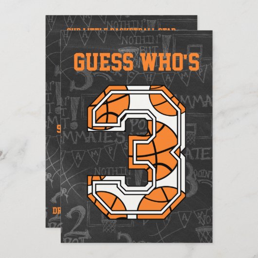 バスケットボールの黒板第3誕生日パーティー 招待状 (正面/裏面)