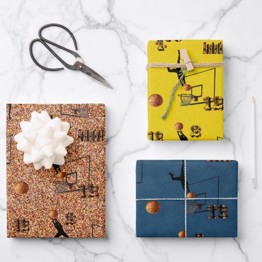 バスケットボールの3つのイメージ，ギフトラップシート， ラッピングペーパーシート (正面)