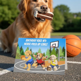バスケットボールをする犬たちとバースデーケーキの面白いゲーム カード