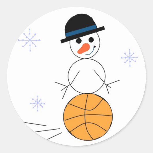バスケットボールをする雪だるま ラウンドシール (正面)