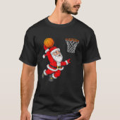 バスケットボールをダンキングするクリスマス・サンタおもしろいクロース Tシャツ (正面)