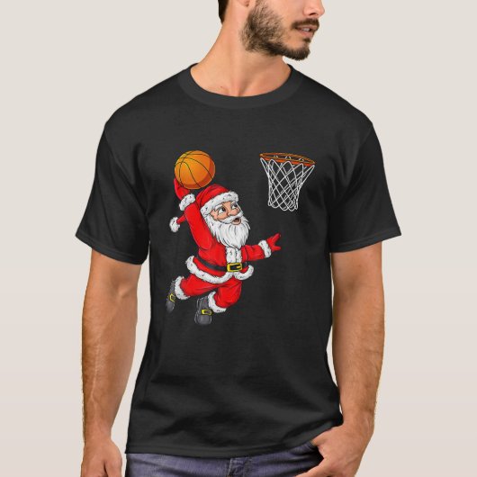 バスケットボールをダンキングするクリスマス・サンタおもしろいクロース Tシャツ (正面)