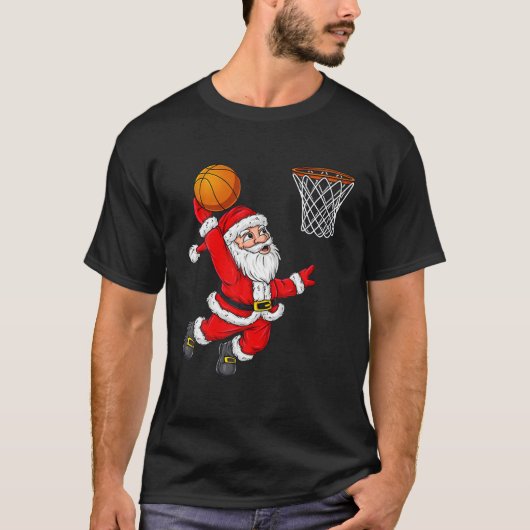 バスケットボールをダンキングするクリスマス・サンタおもしろいクロース Tシャツ (正面)